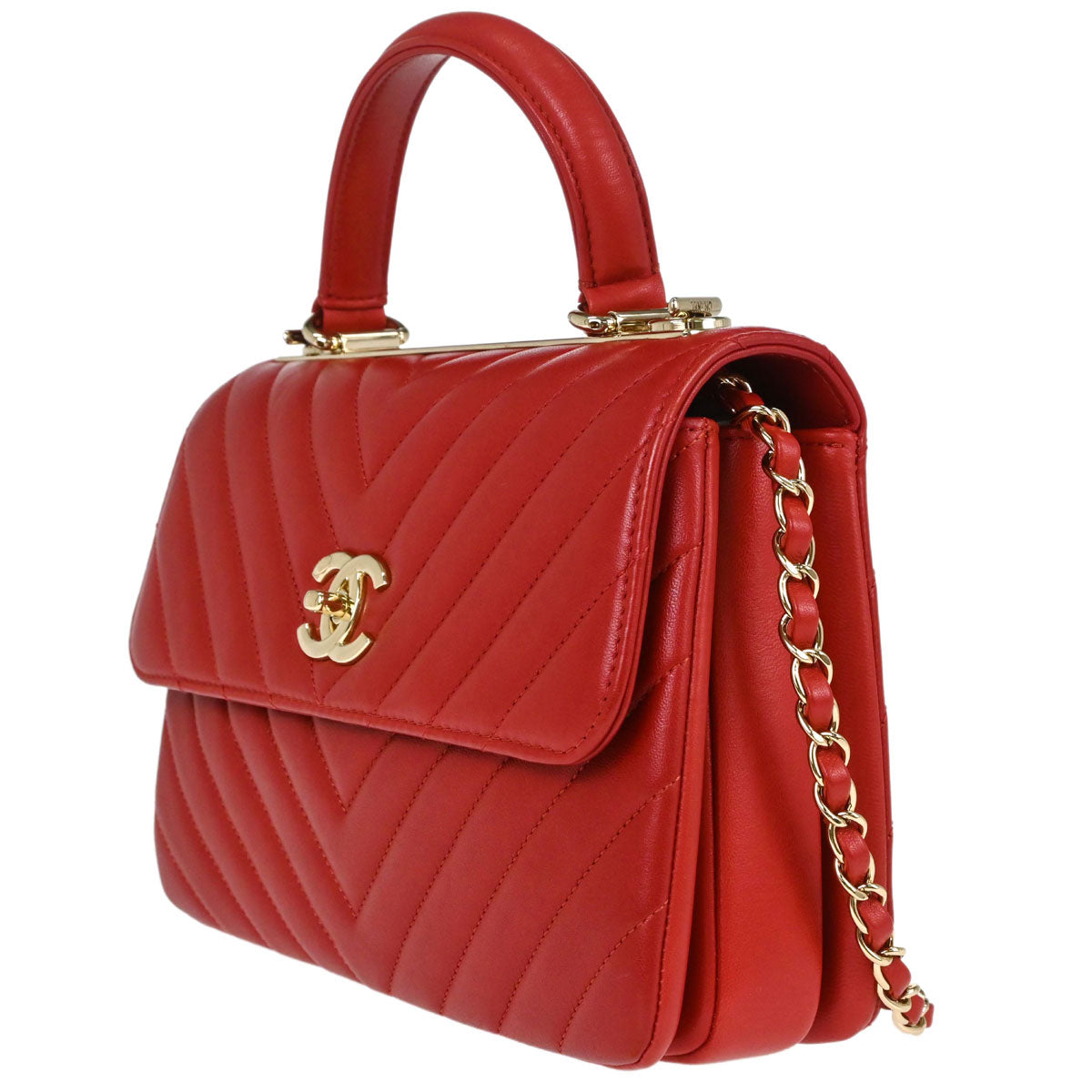Chanel Red Lambskin Trendy CC Chevron Top Handle 2way Shoulder Handbag