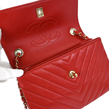 Chanel Red Lambskin Trendy CC Chevron Top Handle 2way Shoulder Handbag