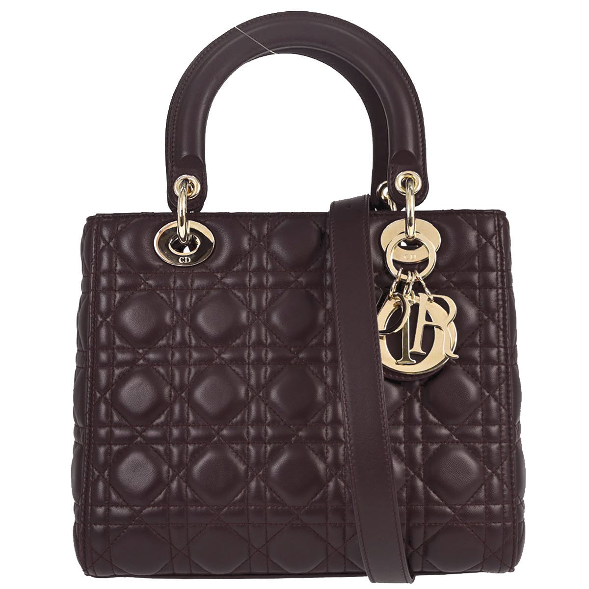 Christian Dior Brown Lambskin Lady Dior Cannage 2way Shoulder Handbag