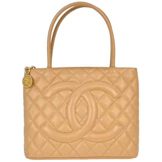 Chanel Beige Caviar Skin Medallion Tote Handbag