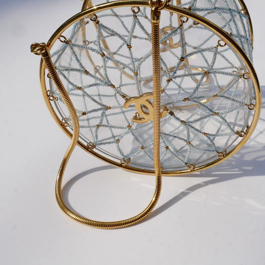 Chanel 1990s Minaudiere Dreamcatcher Beaded Gold Transparent Round Circle Bag