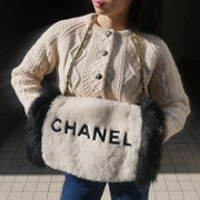 Chanel 1994 Ivory Faux Fur Logo Arm Warmer Bag