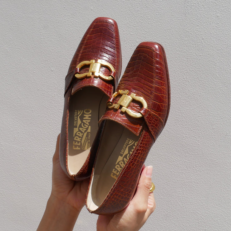 Salvatore Ferragamo Brown Embossed Leather Gancini Loafers Shoes #4 – AMORE  Vintage Tokyo