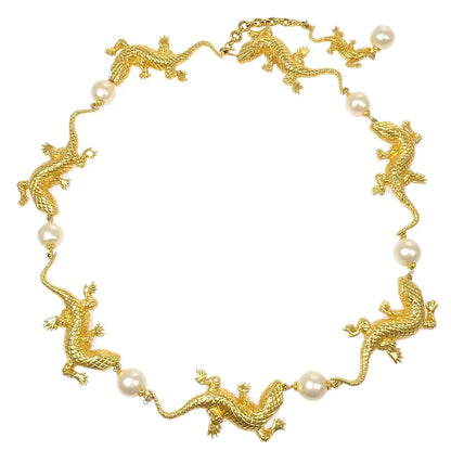 Chanel 1991 Chain Belt Lizard Charm Faux Pearl Gold