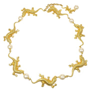 Chanel 1991 Chain Belt Lizard Charm Faux Pearl Gold