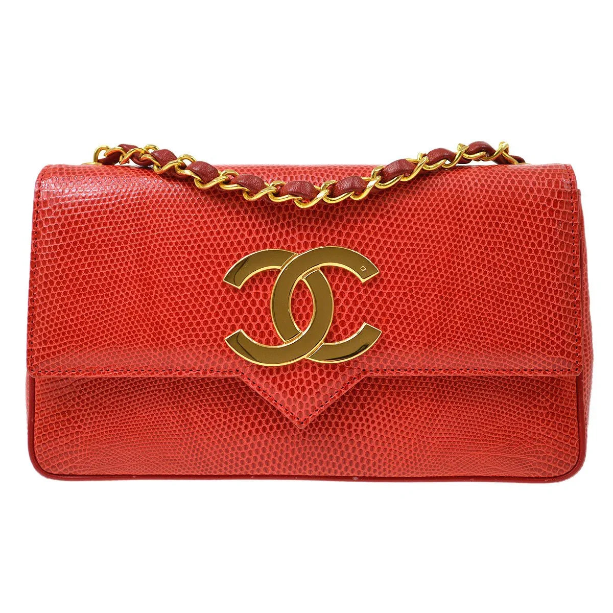 Chanel 1989-1991 Red Lizard Pointed Flap Bag Mini