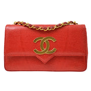 Chanel 1989-1991 Red Lizard Pointed Flap Bag Mini