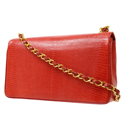 Chanel 1989-1991 Red Lizard Pointed Flap Bag Mini