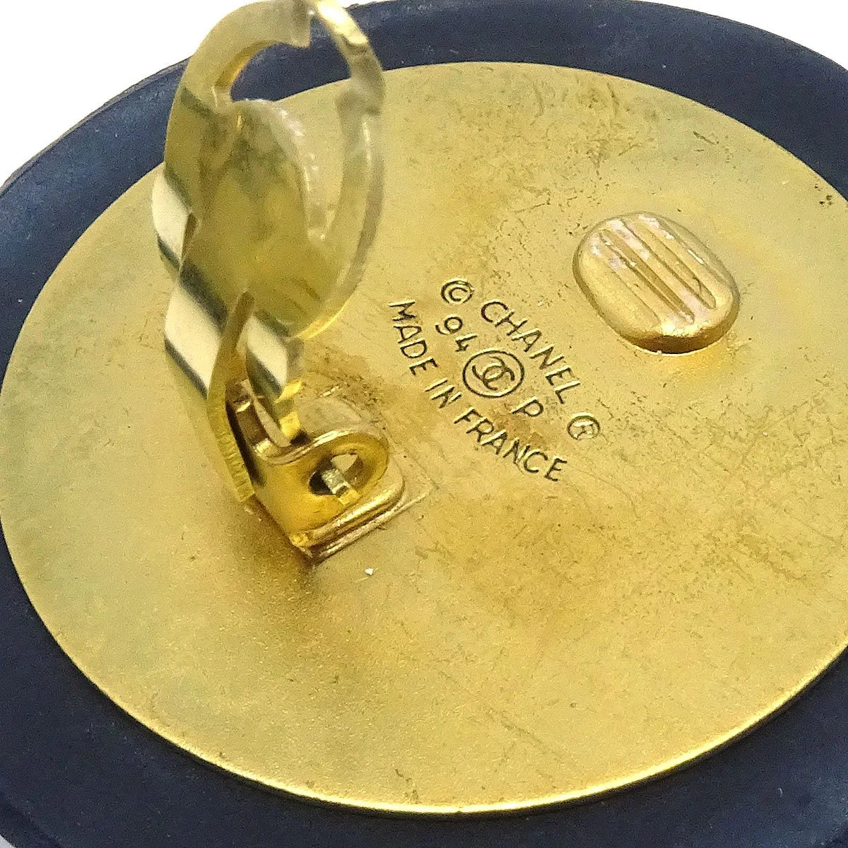 Chanel Button Earrings Gold Black Clip-On 94P
