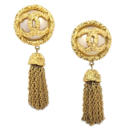 Chanel 1993 Faux Pearl Filigree Tassel Earrings Clip-On