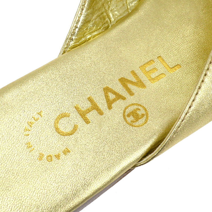 CHANEL Gold Lambskin Turn-lock Sandals Shoes #35 1/2