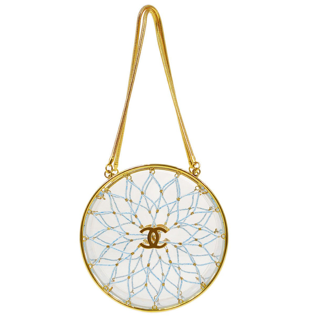 CHANEL 1990s Minaudiere Dreamcatcher Beaded Gold Transparent Round Circle  Bag