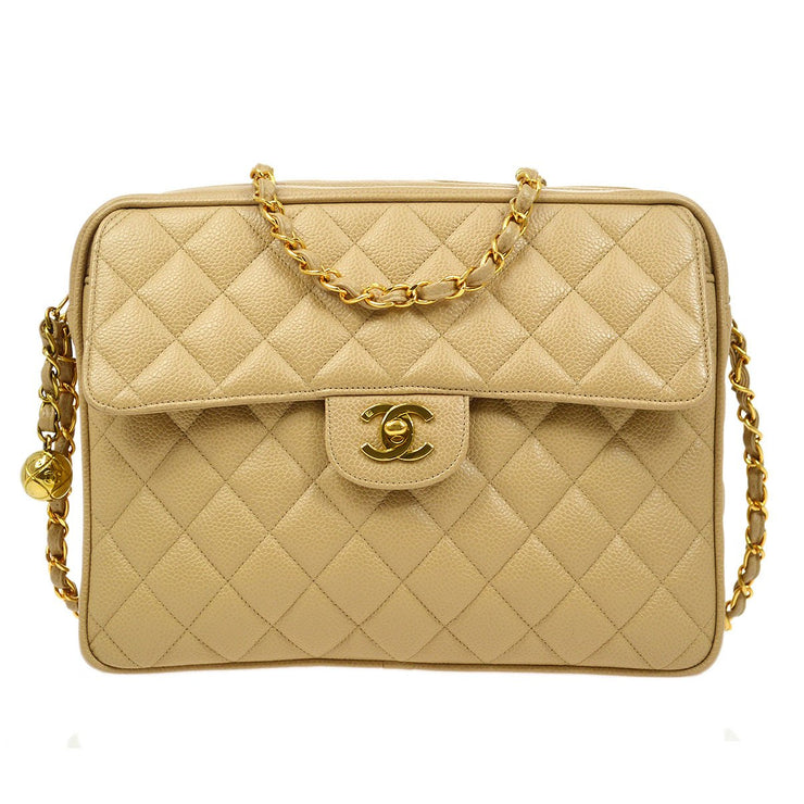 Chanel Vintage Beige Caviar Classic Quilted Flap Camera Case Bag