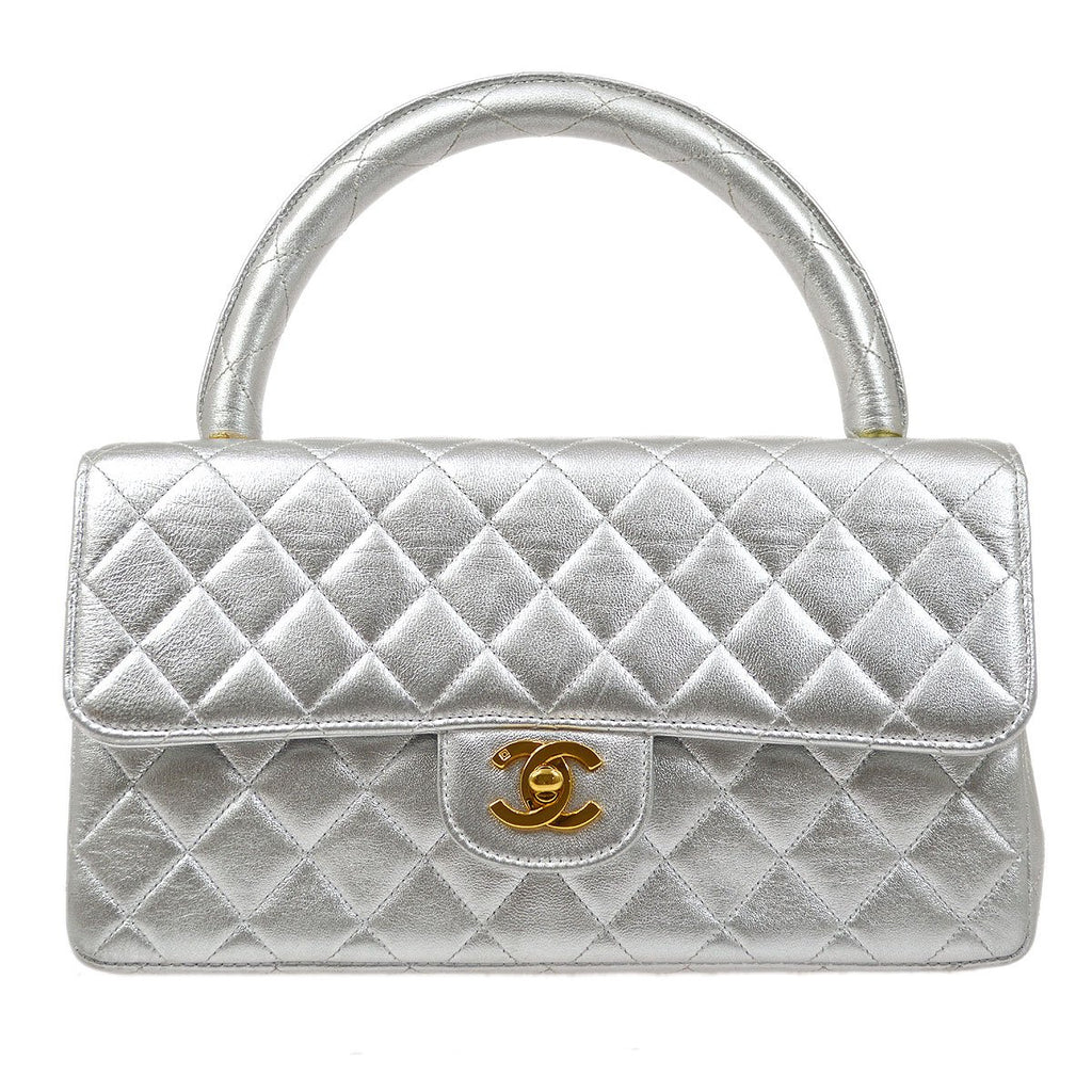 CHANEL 1994 Silver Lambskin Quilted Top Handle Bag