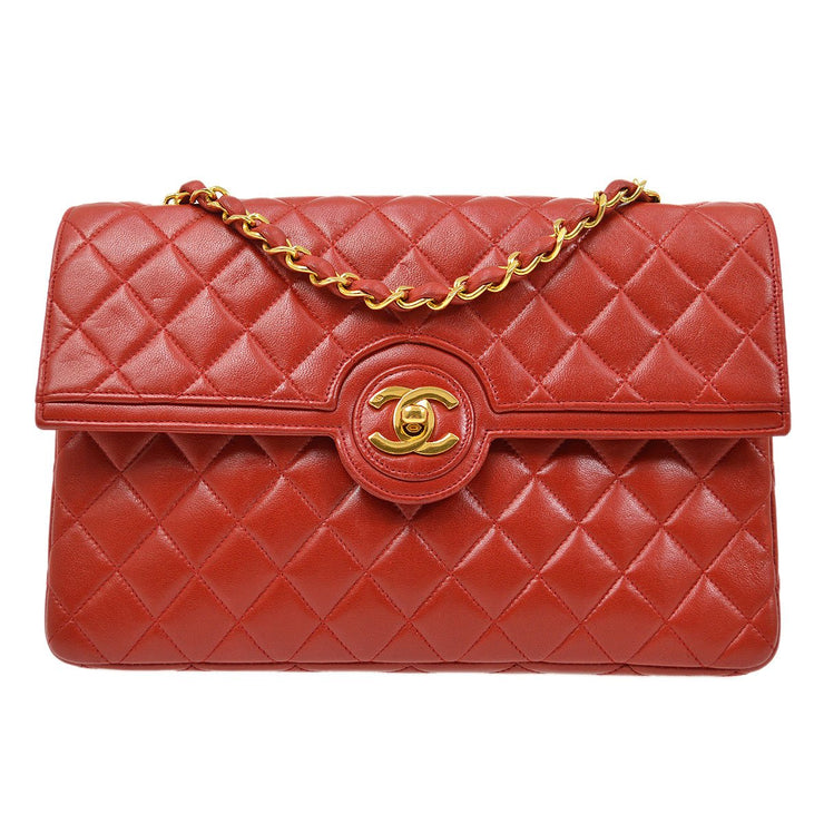 CHANEL 1986-1988 Red Lambskin Quilted Circled CC Flap Medium