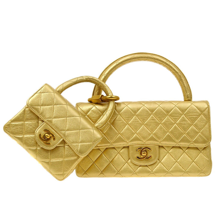 Mini flap bag with top handle, Tweed, lambskin & gold metal, white