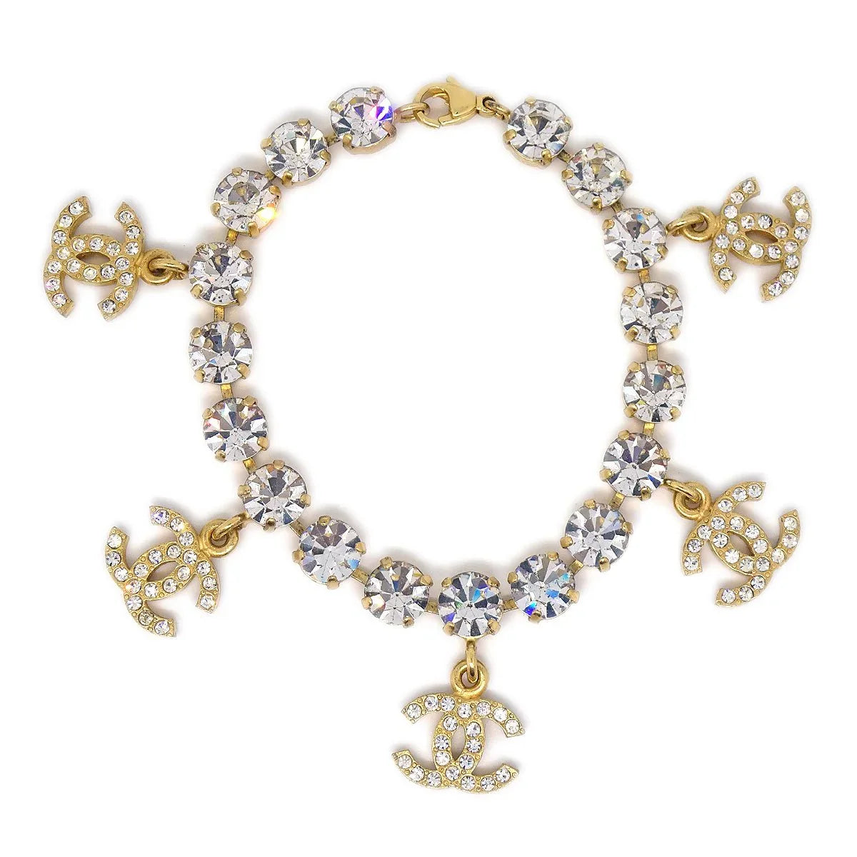 CHANEL Charm Rhinestone Gold Bracelet 95A
