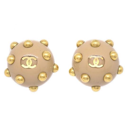 CHANEL 2000 Studded Earrings Beige Gold Clip-On