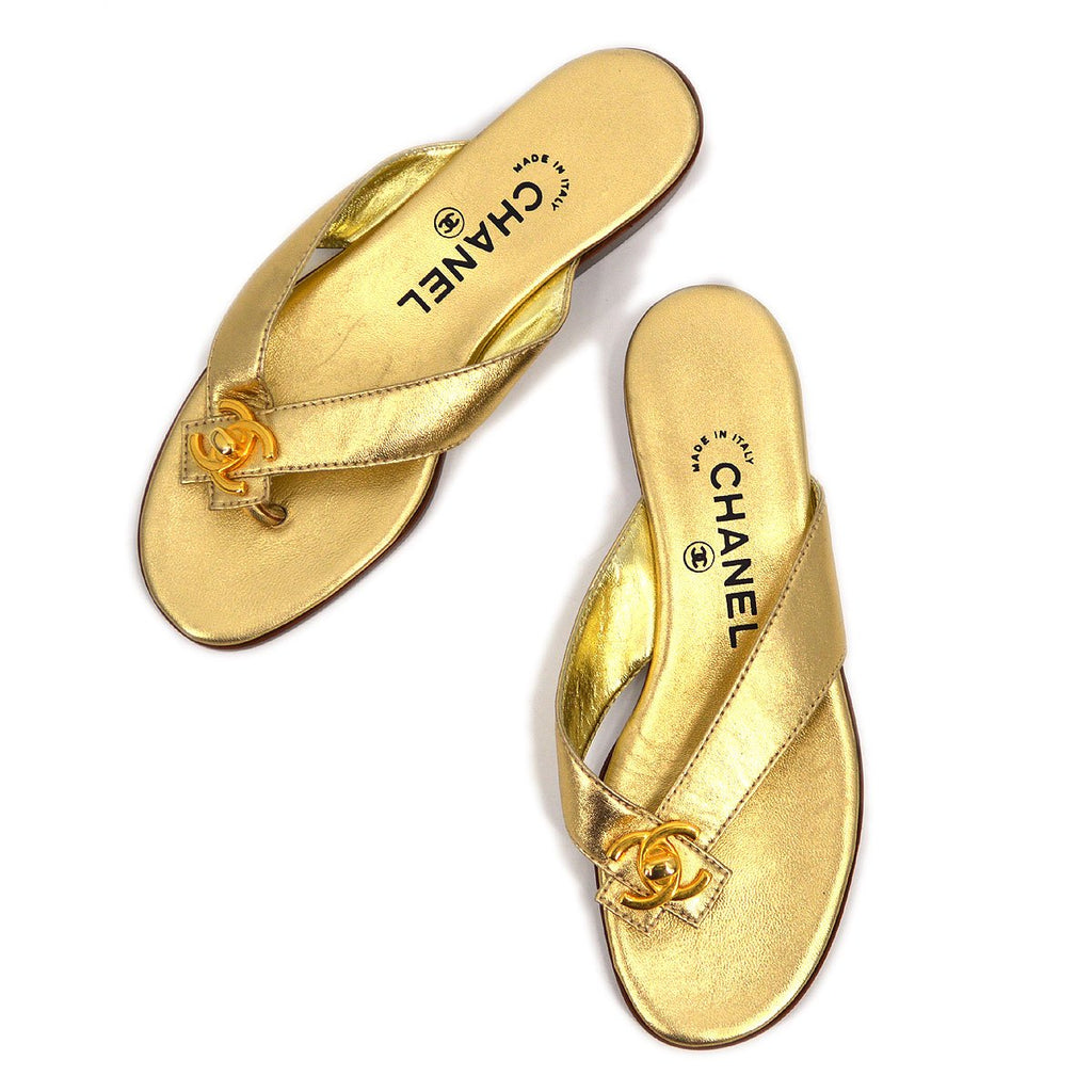 CHANEL Vintage CC Logo Turn Lock Lace Up Sandals #36.5 US6 Black Gold Rank  AB