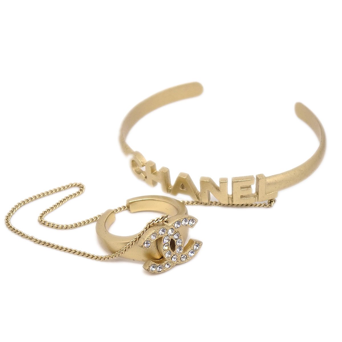 CHANEL 2001 Cruise Crystal & Gold CC Ring #52 and Logo