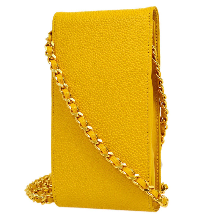 Chanel 1996-1997 Chain Shoulder Bag Phone Case Yellow Caviar Skin