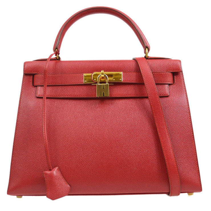 HERMES KELLY 28 SELLIER 2way Hand Bag Natural Rouge H Toile H Box