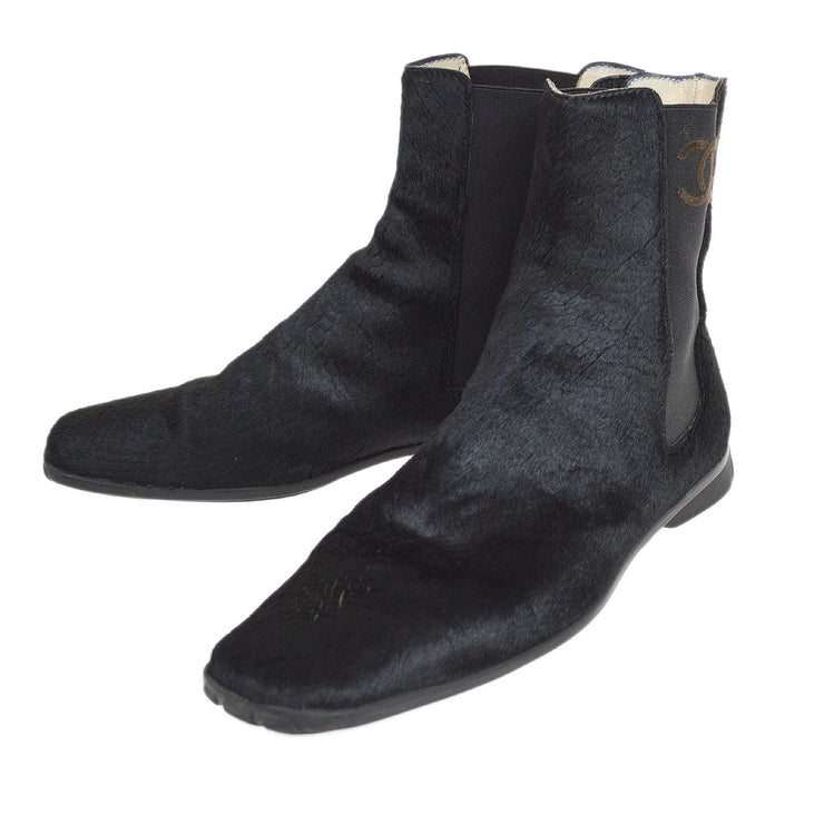 Chanel * Black Pony Hair Side Chelsea Boots Shoes