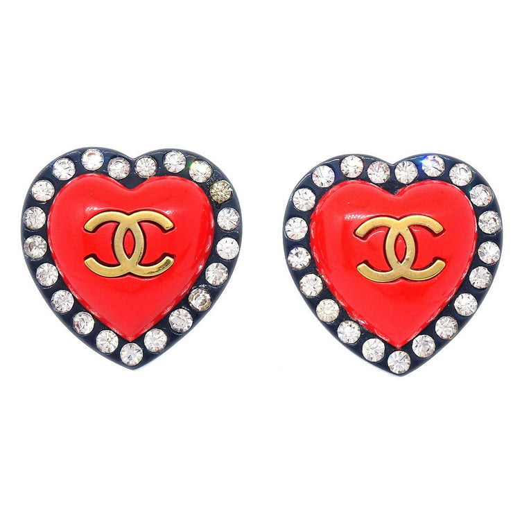 Chanel 1995 Heart Rhinestone Earrings Clip-On