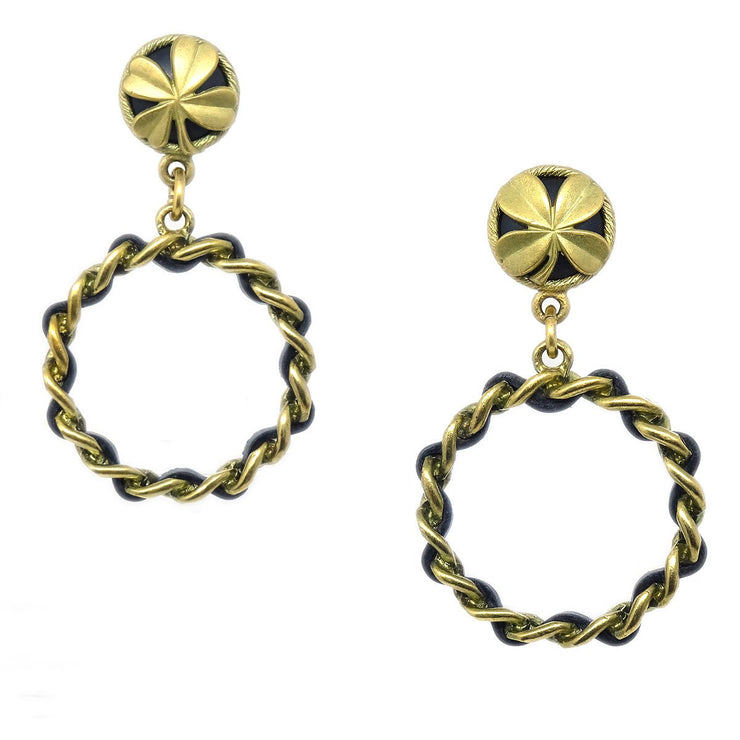 Chanel 1994 Clover Chain Hoop Earrings Clip-On Gold