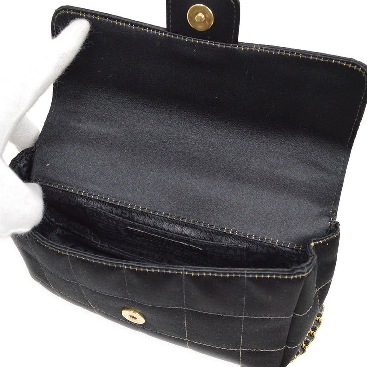 CHANEL 2003-2004 Camellia Choco Bar Chain Shoulder Bag Black Satin