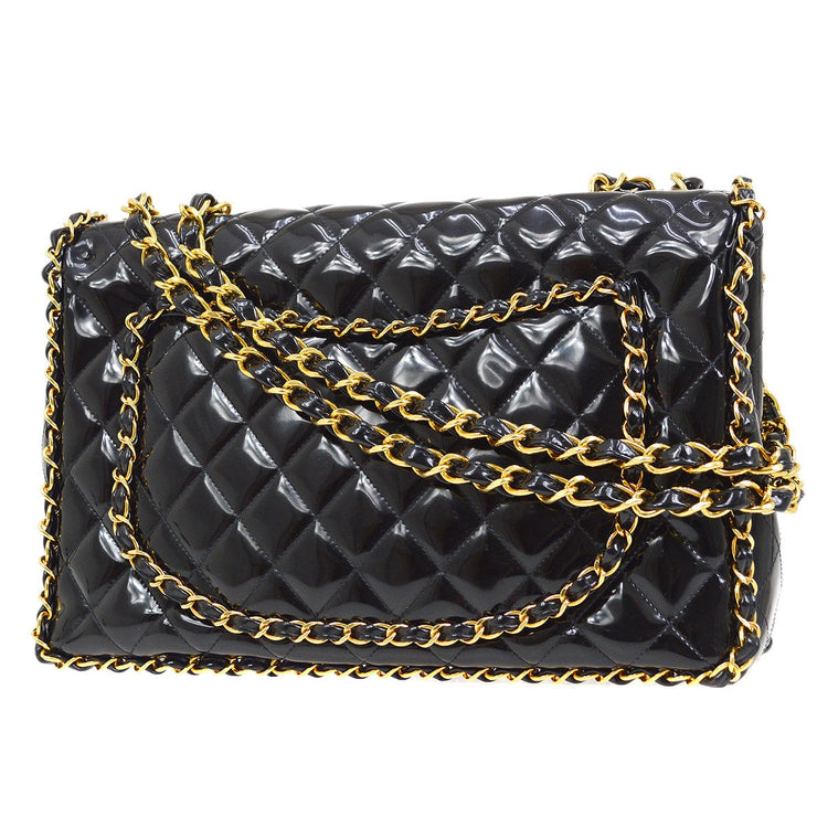 CHANEL Long Flap Quilted Patent Leather Chain Shoulder Bag Black