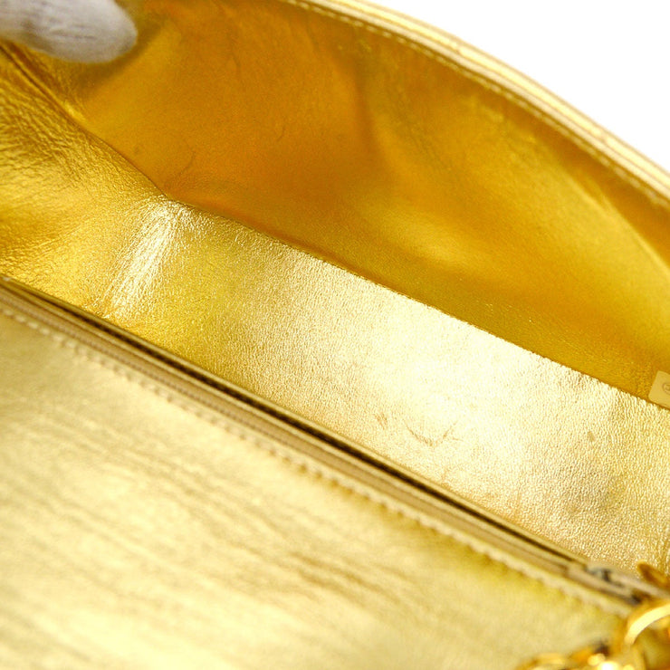 CHANEL 1991-1994 Gold Lambskin Chevron Faux Pearl CC Flap Bag