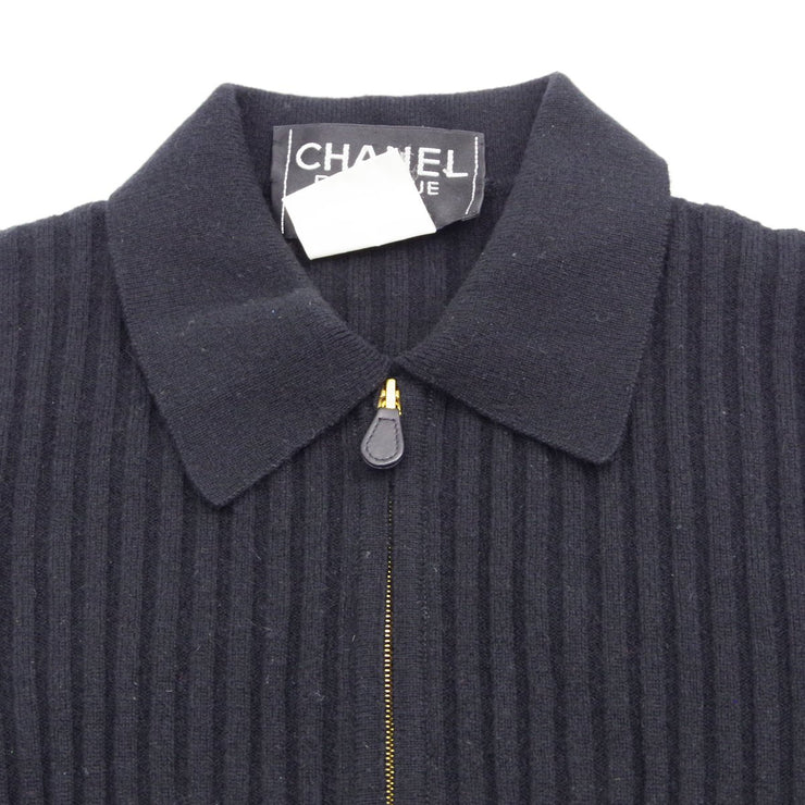 Chanel 1996ロゴパッチリブ付きカシミアジップアップカーディガン＃42