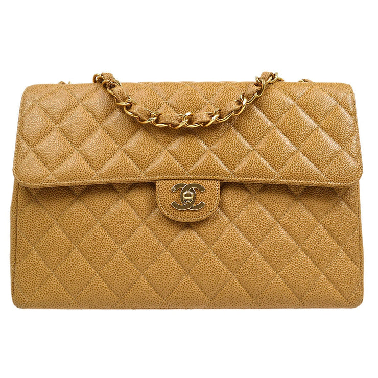 Chanel Beige Quilted Caviar Jumbo Classic Flap Gold Hardware, 2000