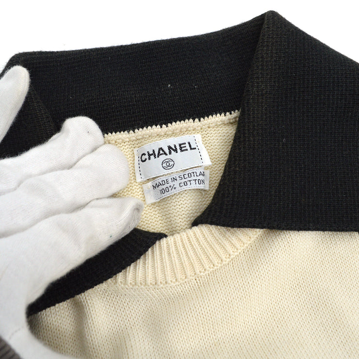 CHANEL Black Ivory Cotton Striped Summer Knit Top