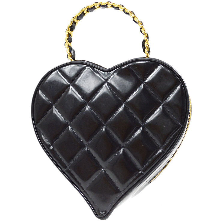 CHANEL * 1995 Black Patent Leather Heart Top Handle Bag