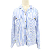 CHANEL Blue White Cotton Striped Open Collar Shirt