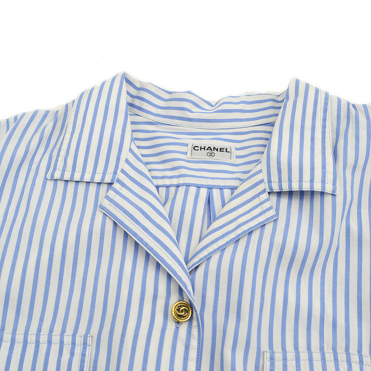 CHANEL Blue White Cotton Striped Open Collar Shirt