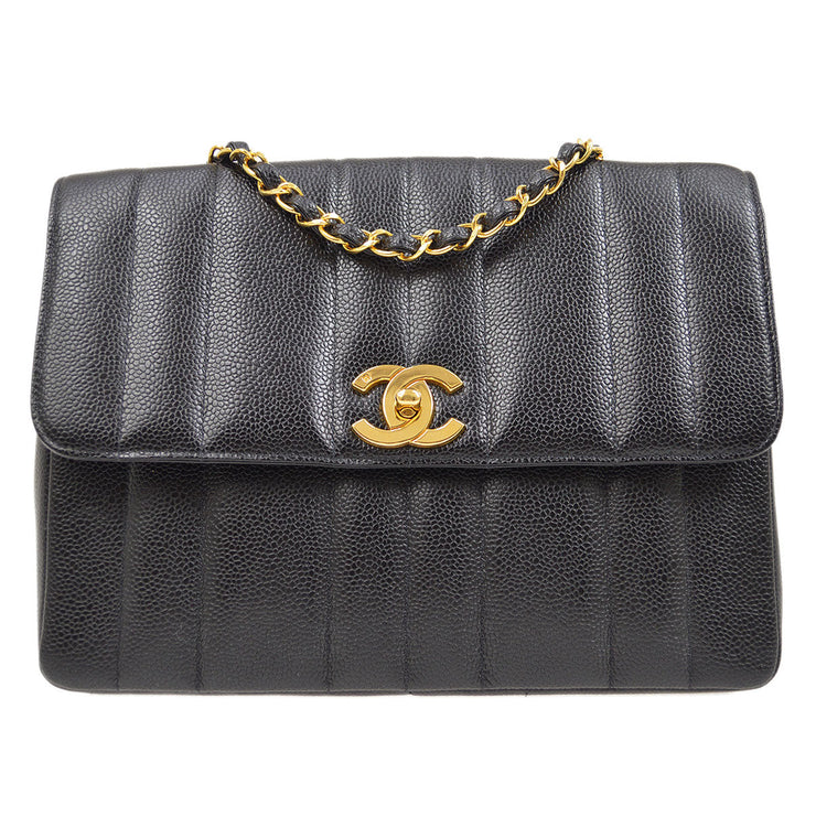 CHANEL 1994-1996 Vertical Stitch Straight Flap Bag Medium Black Caviar