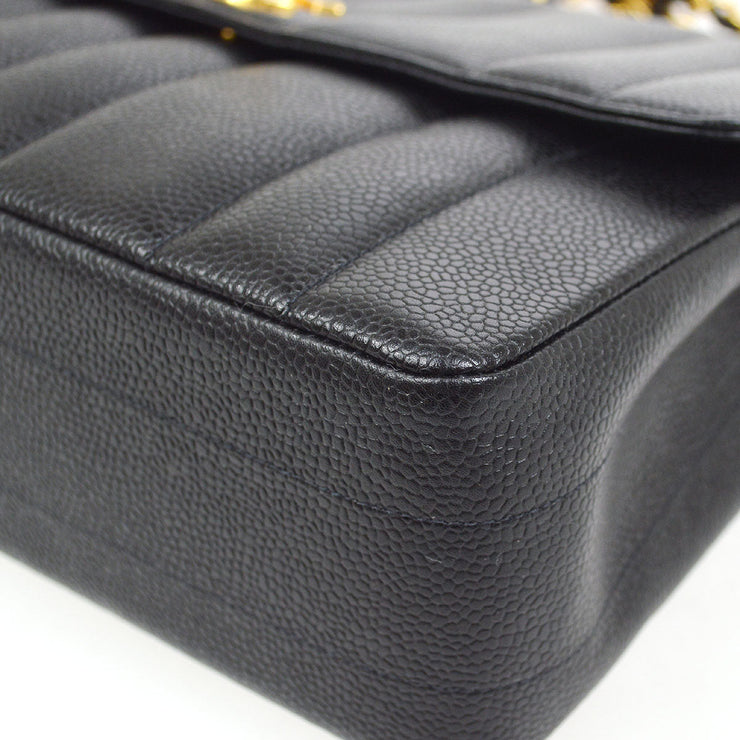 CHANEL 1994-1996 Vertical Stitch Straight Flap Bag Medium Black Caviar