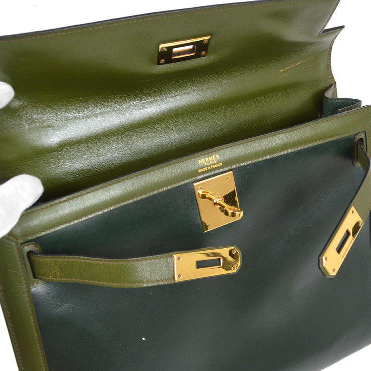 Rare Hermès Kelly 32 sellier handbag double straps in green box calf leather,  GHW For Sale at 1stDibs