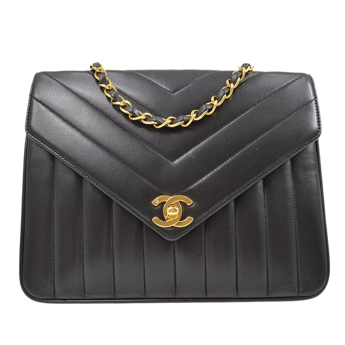 CHANEL 1991-1994 Black Lambskin Chevron Letter Flap Small