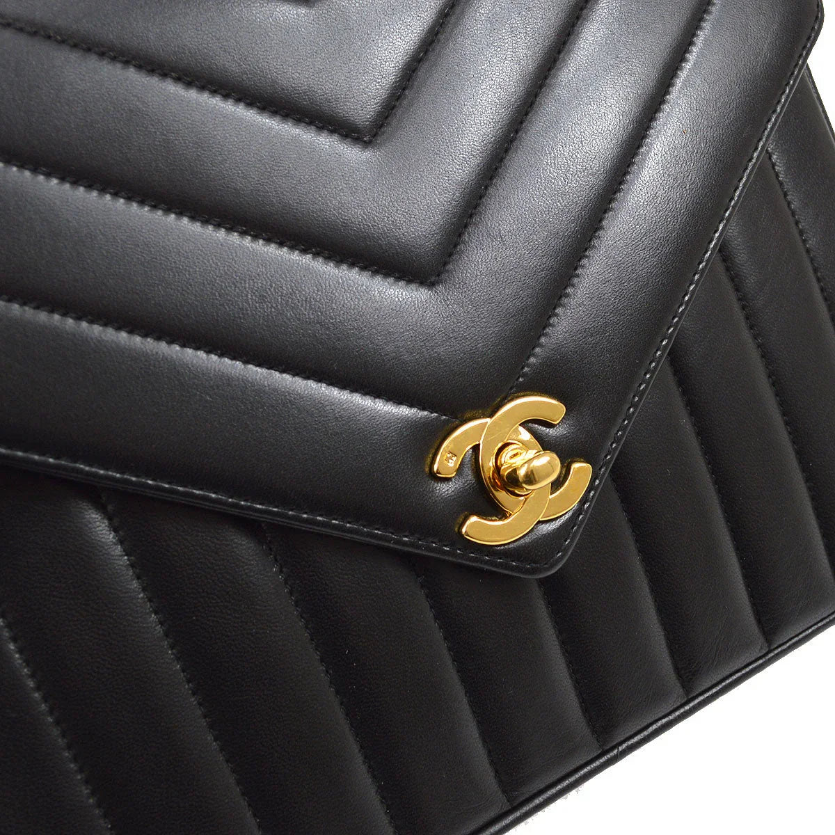 CHANEL 1991-1994 Black Lambskin Chevron Letter Flap Small