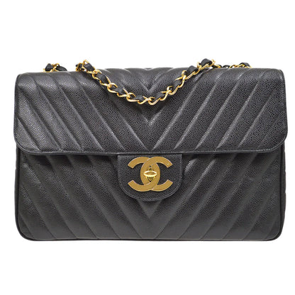 CHANEL 1991-1994 Black Caviar Chevron Classic Flap Bag Maxi