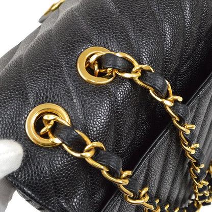 CHANEL 1991-1994 Black Caviar Chevron Classic Flap Bag Maxi