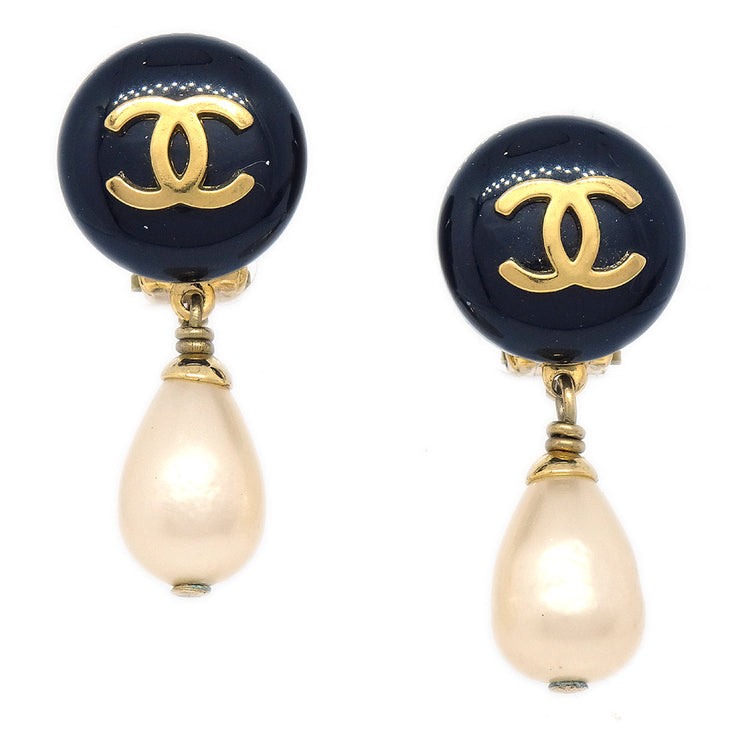 Chanel 1995 CC Black & Faux Teardrop Pearl Dangle Earrings