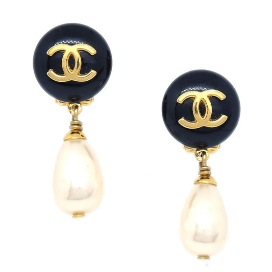Chanel 1997 CC Black & Faux Teardrop Pearl Dangle Earrings