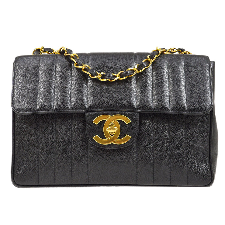 CHANEL 1994-1996 Black Caviar Vertical Classic Flap Jumbo