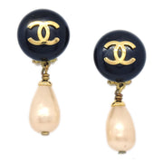 Chanel 1994 CC Black & Faux Teardrop Pearl Dangle Earrings