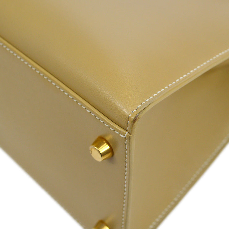 Kelly 25 Beige Box Calfskin Leather Gold Plated Hardware E Square